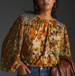 Anthropologie New Bl-nk London Yellow Floral Sequin Embellished Blouse SZ Medium